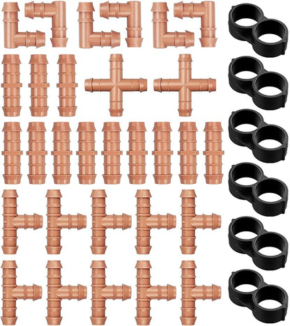 36 Pieces Drip Irrigation Kit：Drip Irrigation Parts for 1/2 Inch Drip Irrigation Tubing with 17mm 0.600" ID Drip Barbed Connectors Including 12 Couplings 10 Tees 6 Elbows 6 Plugs 2 Crosses