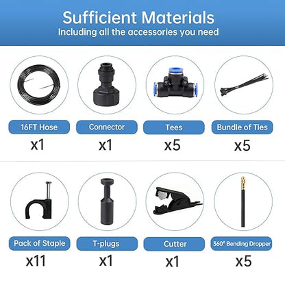 360° Automatic Drip Irrigation Kit - 5/16'' Tubing, Adjustable Universal Spray Nozzle, Copper Atomizing System for Garden/Lawn/Greenhouse - Multi-Directional Rotation, Quick Connectors, 16FT