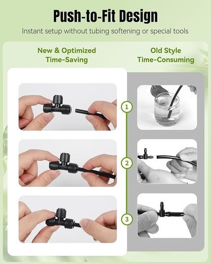 Pawfly 40 Pcs Quick Connect Drip Irrigation Fittings Kit for 1/4" Tubing, Push-to-Fit Drip Line Connectors Set with 10 Tees, 10 Couplings, 10 Elbows & 10 End Plugs, Anti-Leak Drip Irrigation Parts