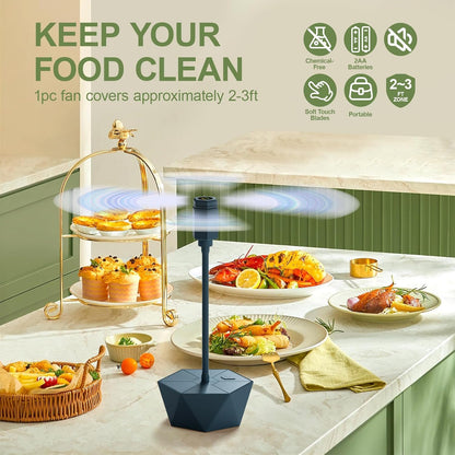 Portable Battery Powered Fly Fans for Tables Up to 15 Hours Working Time, 4-Pack Indoor Outdoor Food Fan with Flexible Goose-Neck Blades for Home Restaurant Party Picnic Patio BBQ, Navy Blue