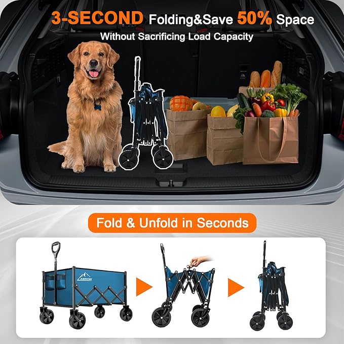 Collapsible Folding Wagon Cart, 350LBS Utility Large Capacity Cart Foldable Wagon with All Terrain Wheels, Grocery Wagons Carts for Garden Shopping Sports Camping, Blue