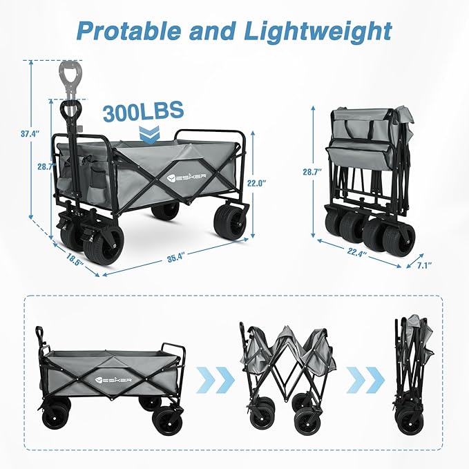 Yesker Foldable Wagon - 300lbs Collapsible Garden Carts with All Terrain Wheels for Outdoor Camping Sports Shopping Gardening - Heavy Duty Portable Utility Trolley (Gray)
