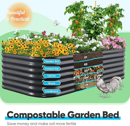 Quictent Galvanized Raised Garden Bed Kit, 8x4x2 ft Oval Metal Planter Box Tall for Vegetables Outdoor Backyard, Rubber Strip Edging Included (Dark Gray)