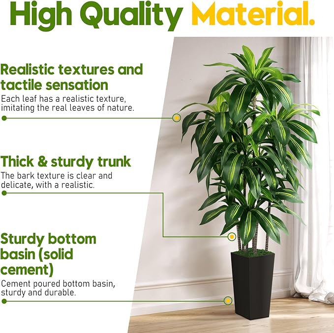 Artificial Dracaena Tree Indoor, 6FT Tall Fake Tree with Black Tall Planter, Artificial Trees Fake Yucca Potted Tree for Home Office Living Room Decor，Tall Artificial Plant for Housewarming