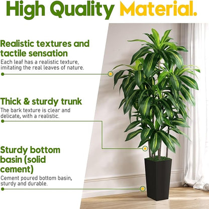 Artificial Dracaena Tree Indoor, 5FT Tall Fake Tree with Black Tall Planter, Artificial Trees Fake Yucca Potted Tree for Home Office Living Room Decor，Tall Artificial Plant for Housewarming