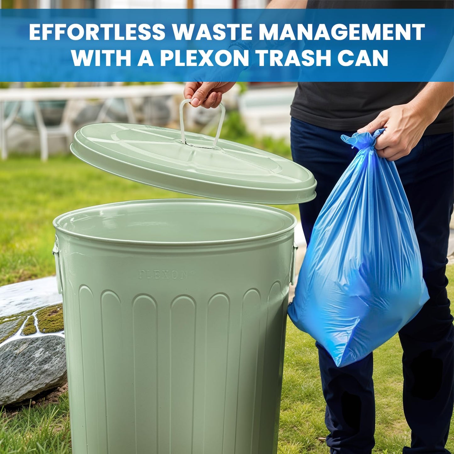 Plexon Large Metal Trash Can with Lid 20 Gallon, Decorative Outdoor Trash Can Heavy Duty Galvanized Metal Bucket with Lid for Garage Workshop Ash Storage Farmhouse, Green 3 Pack