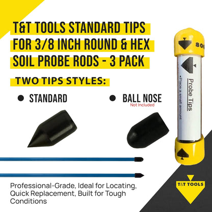 T&T Tools Standard Replacement Tips for 3/8" Soil Probe Rods - Compatible with Smart Stick & Mighty Probe - Ideal for Locating, Plumbing, Landscaping & Gardening Tools - Durable Metal Rod Tips, 3-Pack