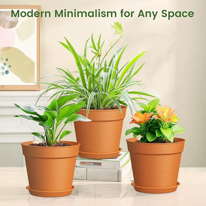 20 Pack 6 Inch Plant Pots with Drainage and Saucers, Plastic Flower Pots for Indoor and Outdoor Plants, Stackable Nursery Planters for Houseplants and Herbs, Terracotta