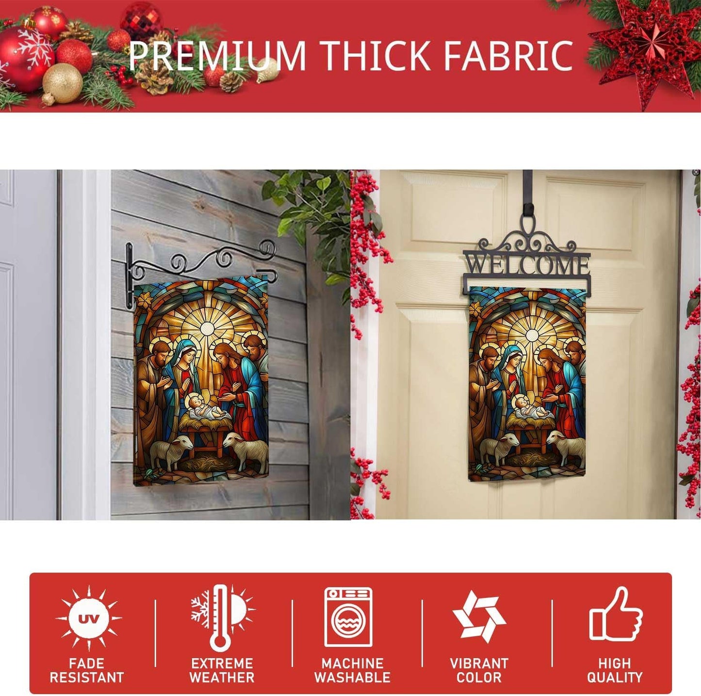 O Holy Night Garden Flag Jesus Birth Nativity Night Small Flag for Outside Stained Glass Style Burlap Double Sided Welcome Yard Lawn Winter Decor 12.5x18"