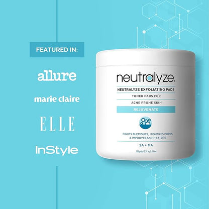 Neutralyze Exfoliating Acne Toner Pads - Dual Textured, Maximum Strength Acne Wipes for Face & Body with 2% Salicylic Acid & 2% Mandelic Acid for Teens & Adults (100 Wipes)