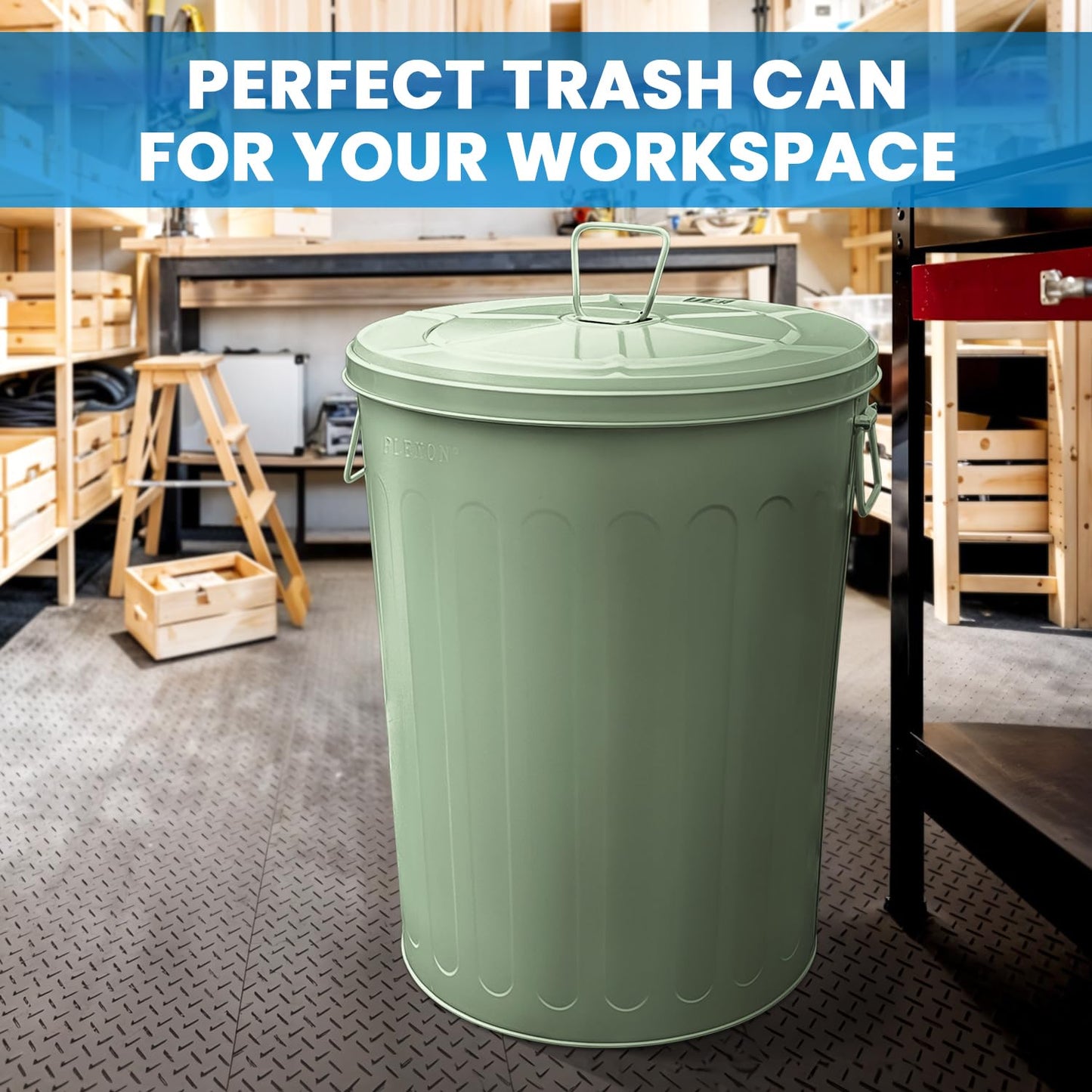 Plexon Large Metal Trash Can with Lid 20 Gallon, Decorative Outdoor Trash Can Heavy Duty Galvanized Metal Bucket with Lid for Garage Workshop Ash Storage Farmhouse, Green 3 Pack