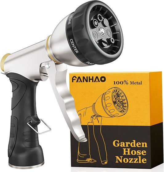 FANHAO Garden Hose Nozzle, 100% Heavy Duty Metal Water Hose Nozzle Sprayer with 7 Spray Patterns, High Pressure Hand Sprayer with Ergonomic Handle for Watering Plants & Lawns, Washing Cars & Pets