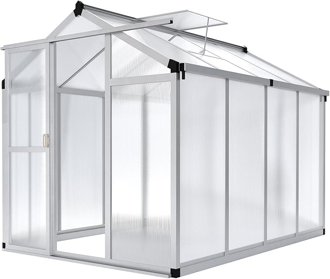 6x8 FT Polycarbonate Greenhouse with Roof Vent - Large Aluminum Walk-in Greenhouse Kit for Gardening, Backyard, Patio, Lawn - Easy Assembly