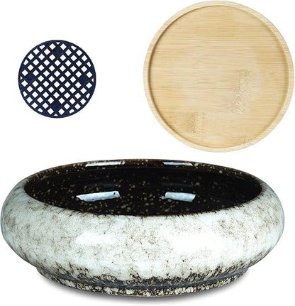 ARTKETTY Succulent Pots - 7.3 Inch Ceramic Bonsai Pot with Tray, Large Succulent Planters with Drainage, Shallow Planter for Indoor Cactus Plants Decorative Flower Plant Container Bowl