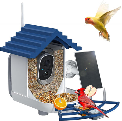 Smart Bird Feeder with Camera Solar Powered & AI Bi rd Identification, 2.4Ghz WiFi Bird feeders for Outdoors, 2K Live Video, Nstant Arrival Alerts - Best Gifts for Bi rd Lovers（Indigo Blue）