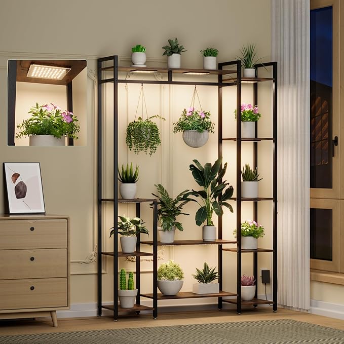 Plant Stand Indoor with Grow Lights 11 Tiered Wood Indoor Plant Shelf 62" Tall Plant Stand Metal Frame for Indoor Plants Multiple Flower Pot Holder, Large Plant Rack for Living Room Patio Corner