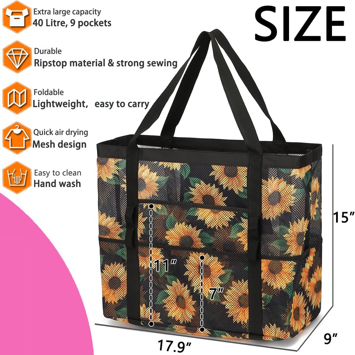 Mesh Beach Bag, Large Beach Tote with Zipper Pocket for Family Pool Bag for Toys & Vacation Essentials