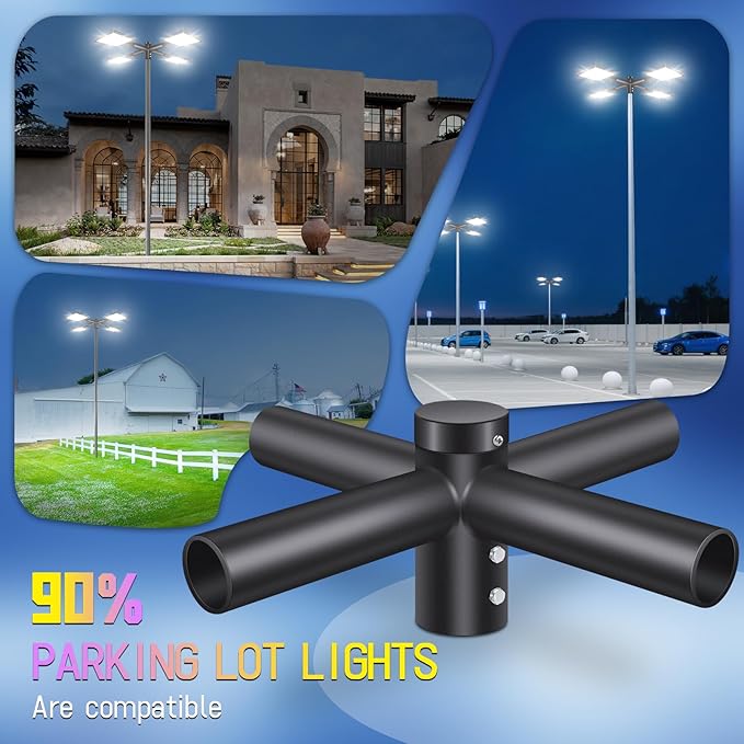 Quad 90° Mounting Bracket, with 2-3/8" 4 Light Arm Tenon Adapter Parking Lot Light Mount Horizontal Spoke Extension Bracket for Round Pole for Slip Fitter Street Floodlights Shoebox Lights