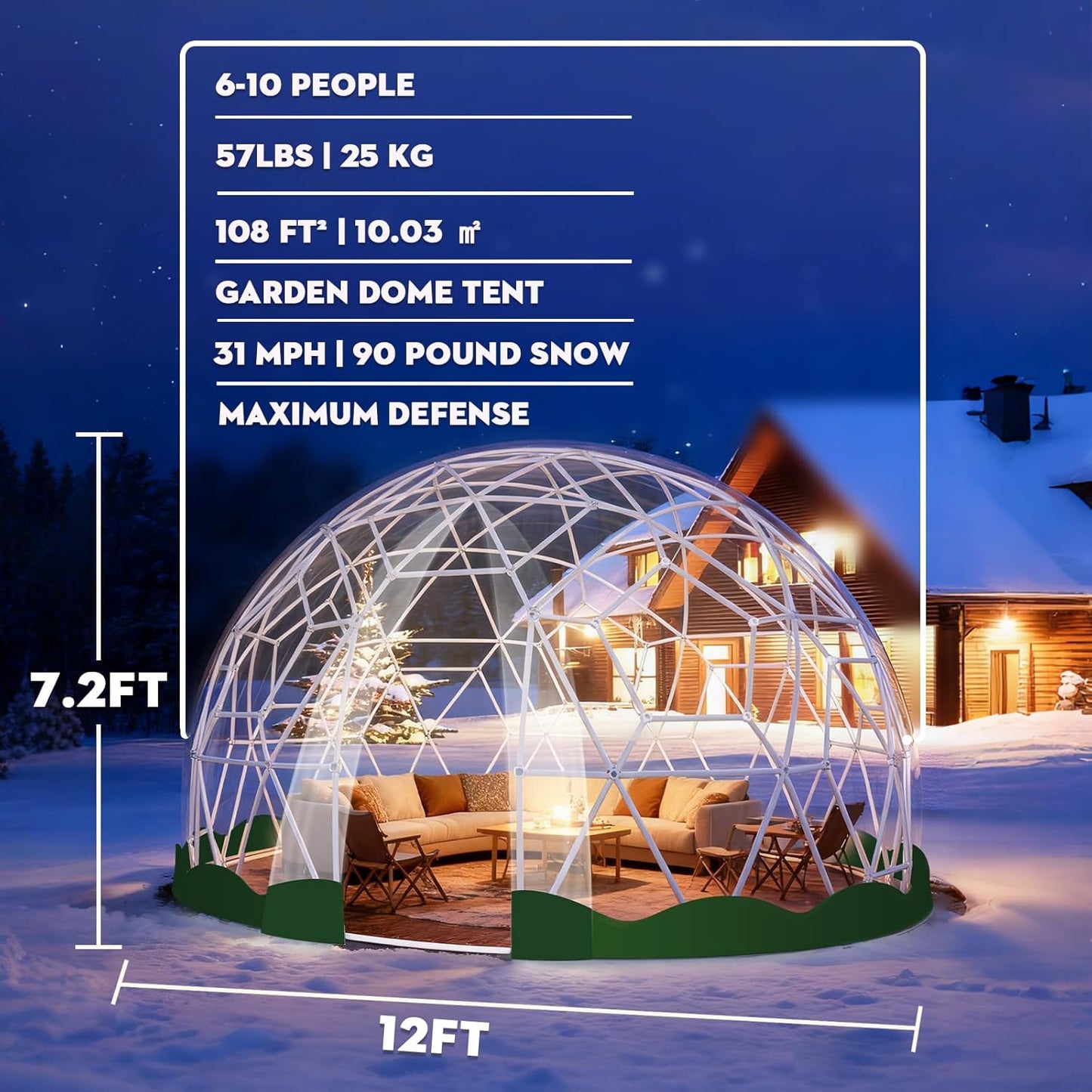 Garden Dome Bubble Tent House Outdoor, Upgraded Geodesic Dome Greenhouse with Transparent PVC Cover, Weatherproof Greenhouse Suitable for Patio (GREEN-12FT)