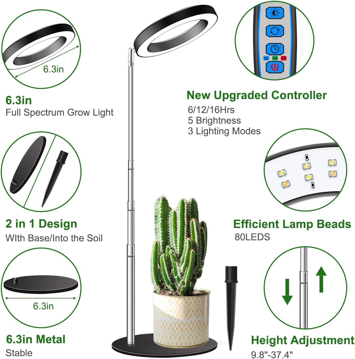 Grow Lights for Indoor Plants Full Spectrum, 80 LEDs Plant Light for Indoor Plants, Height Adjustable 6.3in Desktop Growing Lamp with Auto Timer 6/12/16Hrs, 3 Optional Spectrums,5 Brightness