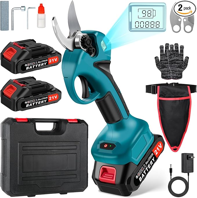 Cordless Electric Pruning Shears,Branch Cutter with LCD Display, Trimming Scissors Battery Power,1.6 Inch Cutting Diameter, SK5 Blade Tree Trimmer, 2 Rechargeable 2000mAh Lithium Batteries set