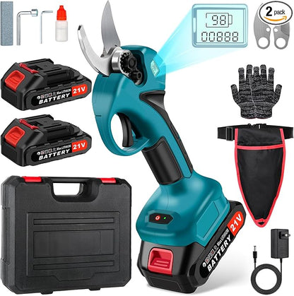 Cordless Electric Pruning Shears,Branch Cutter with LCD Display, Trimming Scissors Battery Power,1.6 Inch Cutting Diameter, SK5 Blade Tree Trimmer, 2 Rechargeable 2000mAh Lithium Batteries set