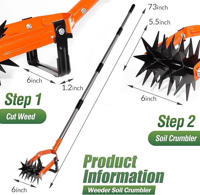 Walensee Rotary Cultivator Tool, Adjustable Garden Hand Tiller with Stainless Steel Pole, 2-in-1 Garden Weeder and Crumbler Soil Cultivator Tool with Weeding Knife for Soil Mixing or Reseeding Grass