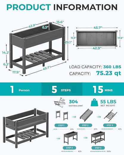 SERWALL Raised Garden Bed Set of 2, HDPE Raised Bed for Gardening All Weather Use- Grey