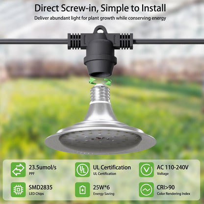 6-Light Outdoor LED Grow Lights – Waterproof Full Spectrum Greenhouse Lights for Plants, 21.3FT Adjustable String Lights with 288 LEDs E26 Base Bulbs, IP44 Waterproof for Garden, Farm, Yard