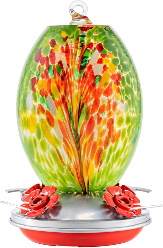 Muse Garden Glass Humming Bird Feeders for Outdoors - 27OZ Blown Glass Hummingbird Feeder - Unique Gift for Mom Women Grandparents, Outdoors Hanging Garden Decor, Ant Moat & Brush, Green Floral