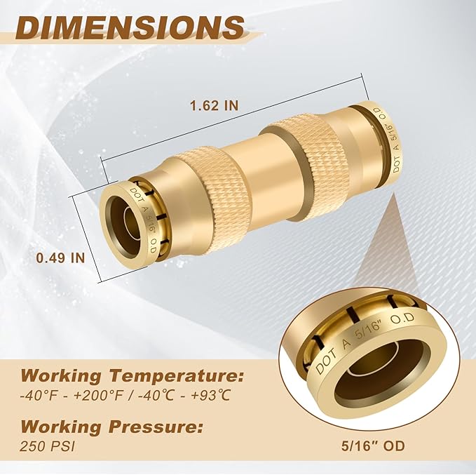 5/16" Quick Push to Connect Fittings Brass Union Straight Joint DOT Approved 5/16 inch tube OD Air Line Adapter Air Spring Suspension Kit for Car Truck Trailers and Air Brake System 5pcs