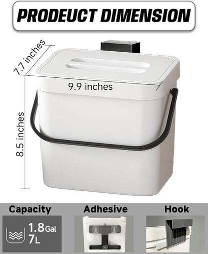 Kitchen Compost Bin - 1.8 Gallons Hanging Trash Can with Lid for Kitchen Cabinet Door, Under Sink, Wall Mounted Waste Bin for Bathroom, 7L(White)