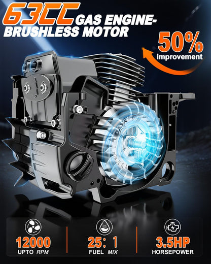 63cc Gas Powered Chainsaw, 3.2KW/3.2HP 2-Cycle Engine, 20-Inch Guide Bar, Professional Power Saw with CDI Ignition, Automatic Oiler & Anti-Vibration System for Heavy-Duty Use