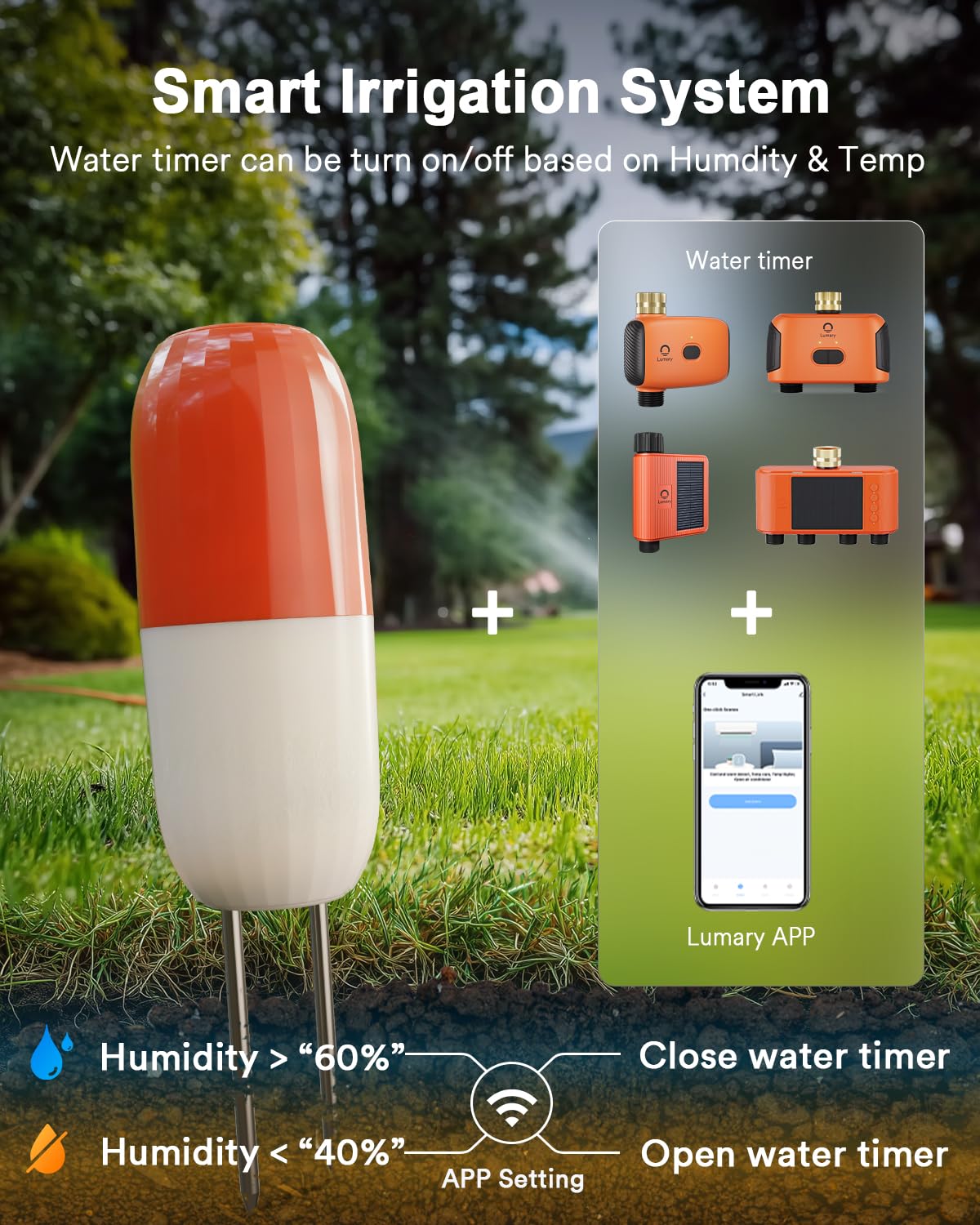 Lumary WiFi Moisture/Temperature ℃ Soil Meter, Work with Lumary Smart Water Timer, No Need Hub, App Monitor, Wireless Hygrometer Sensor for Outdoor IP67, Push Notification Lawn Greenhouse