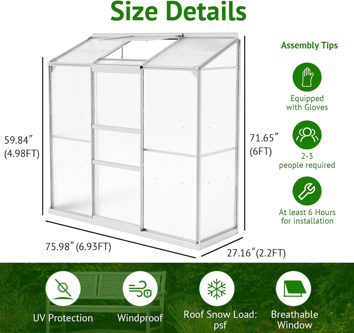 6x2ft Lean-to Polycarbonate Greenhouse, Small Walk-in Greenhouse, with Adjustable Roof Vent, Rain Gutter and Sliding Door, Outdoor Green House for Terrace, Backyard Sliver