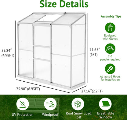 6x2ft Lean-to Polycarbonate Greenhouse, Small Walk-in Greenhouse, with Adjustable Roof Vent, Rain Gutter and Sliding Door, Outdoor Green House for Terrace, Backyard Sliver