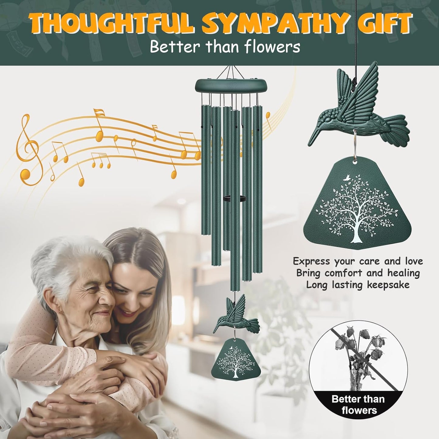 Sympathy Wind Chimes for Outside Deep Tone, Memorial Wind Chimes for Loss of Loved One Prime, Bereavement Condolence Remembrance Funeral Gifts for Grieving Friends Loss of Mother Father