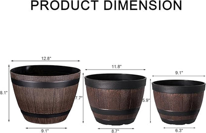 VECELO Plant Pots with Drainage Holes & Saucer, 9/11.3/13 Inch Flower Pots with Tray, 3 Pack Plastic Whiskey Barrel Planters for Indoor & Outdoor Garden Home Plants and Flowers