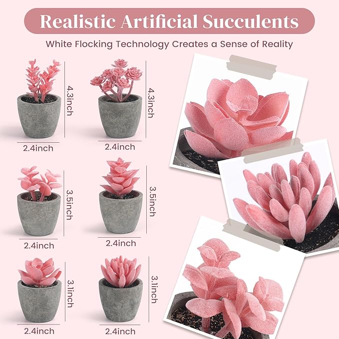 DomeStar 6PCS Small Fake Succulents Plants, Pink Artificial Plants Office Living Room Kitchen Bathroom Decor Desk Decor for Women