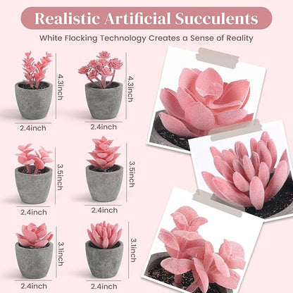 DomeStar 6PCS Small Fake Succulents Plants, Pink Artificial Plants Office Living Room Kitchen Bathroom Decor Desk Decor for Women