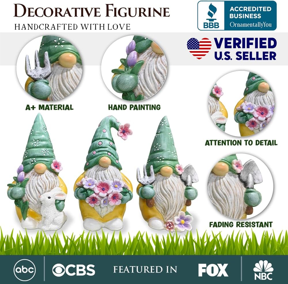 Spring & Summer-Themed Garden Statues – Adorable Outdoor Decor for Lawn, Patio & Porch (Garden Guardians Set of Three 6" Gardening Gnome Figurines, Floral Green and Yellow Statue Decor)