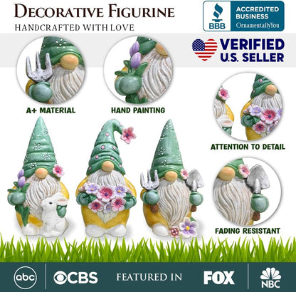 Spring & Summer-Themed Garden Statues – Adorable Outdoor Decor for Lawn, Patio & Porch (Garden Guardians Set of Three 6" Gardening Gnome Figurines, Floral Green and Yellow Statue Decor)