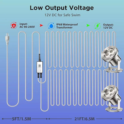 LED Pond Lights, 12W RGB SS316 Stainless Steel Dimmable Underwater Pond Light, 2x6W IP68 Waterproof Submersible Fountain Lights APP Control, 12V Outdoor Waterproof Light Transformer Timer, 26ft Cord