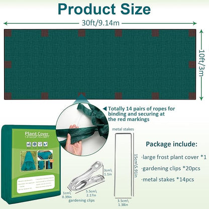 Plant Covers Freeze Protection, 10ft x 30ft 1.41 oz/yd² Frost Cloth Plant Blankets Floating Row Covers with 20 Stainless Steel Clips for Winter Plants Gardens Frost/Sun Pests Protection, Dark Green