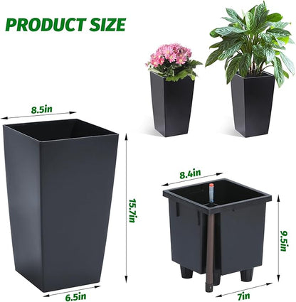 GarveeLife 16 in Tall Planters Set of 2, Outdoor＆Indoor Black Planter Pots, High Front Porch Planter Pots with Drainage Holes＆Water Level Monitor＆Inner Bucket, Automatic Watering,Black