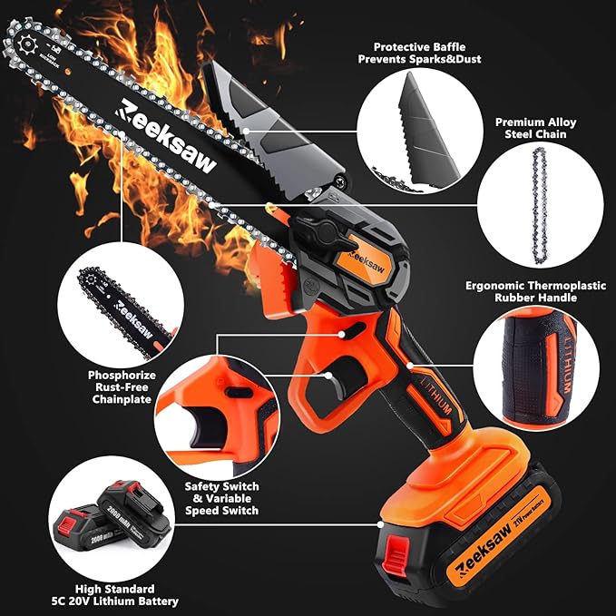 Mini Chainsaw 6 Inch Cordless, Super Handheld Chainsaw with 2x Big Batteries, Electric Mini Chain saw Battery Powered, Small Hand saws for Tree Wood - Garden Yard Time Saving Tool