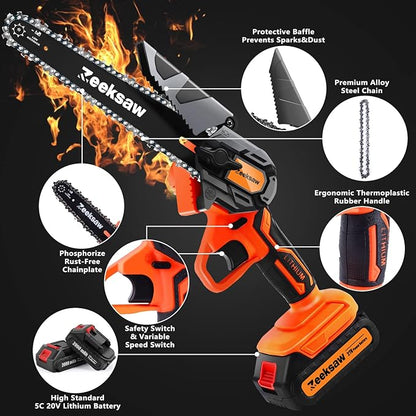 Mini Chainsaw 6 Inch Cordless, Super Handheld Chainsaw with 2x Big Batteries, Electric Mini Chain saw Battery Powered, Small Hand saws for Tree Wood - Garden Yard Time Saving Tool