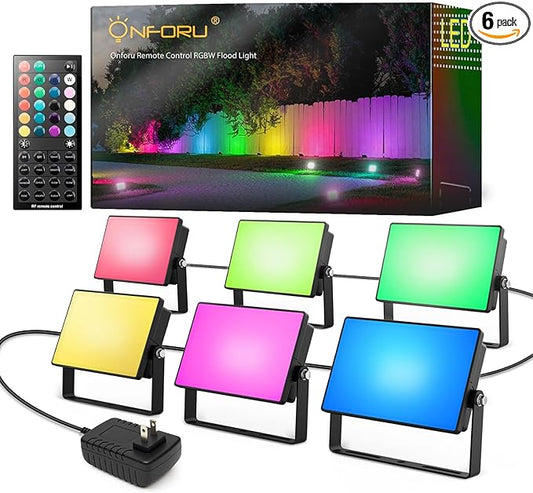 Onforu RGBW Flood Lights Outdoor Remote Control, Color Changing LED Landscape Lights, IP65 Waterproof Uplights for Events, Uplighting for Halloween Christmas Garden Yard Party, Wired 6 Pack 60W