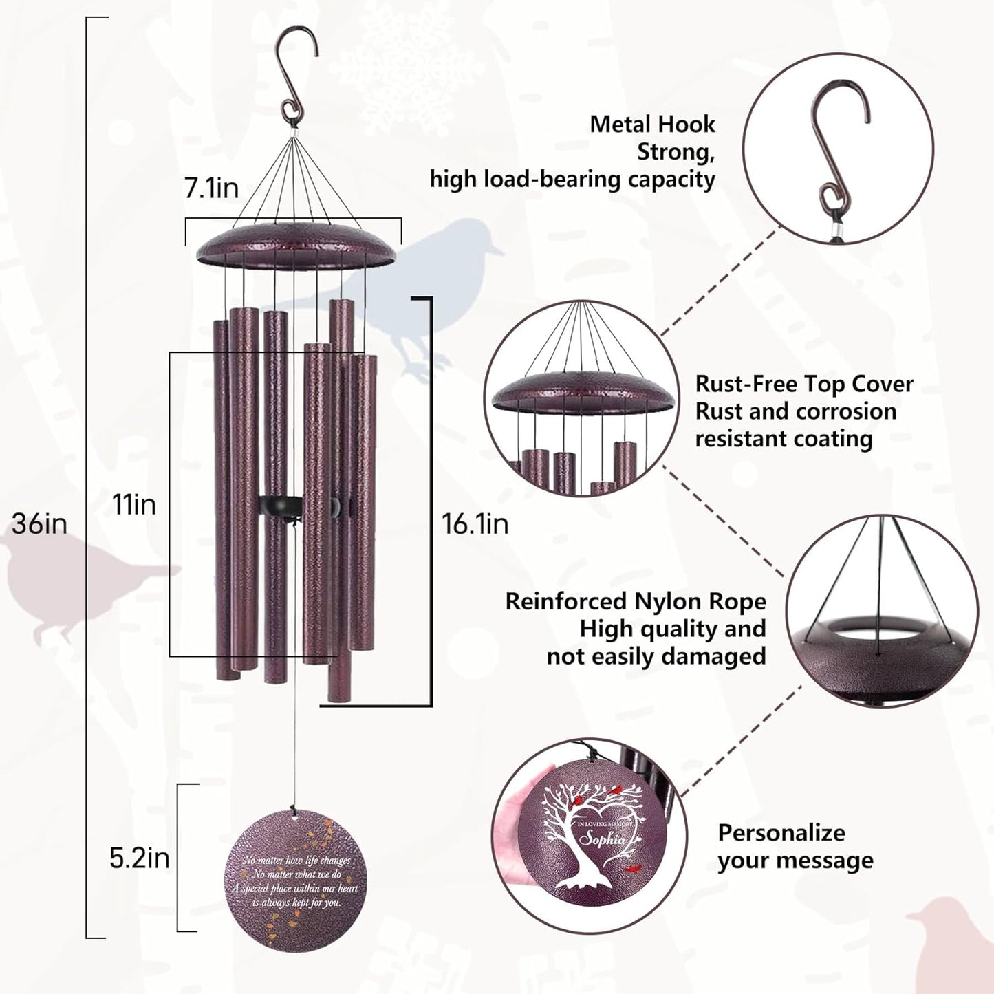 Personalized Cardinal Sympathy Wind Chimes, Deep Tone 30/36/45 inch Wind Chimes Sympathy Gifts for Loss of Loved One, in Loving Memory Windchimes for Loved Ones Lost, Garden Decor