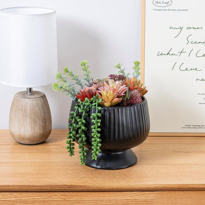 MyGift 10 Inch Modern Artificial Succulent Arrangement Potted in Matte Black Ribbed Ceramic Round Planter, Decorative Plant Pot with Assorted Faux Mini Succulents